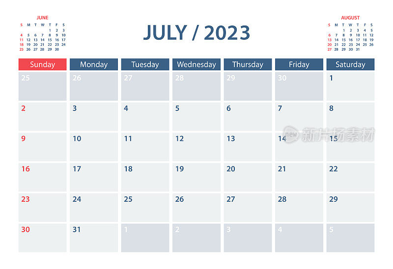 2023 July Calendar Planner Vector模板。一周从周日开始